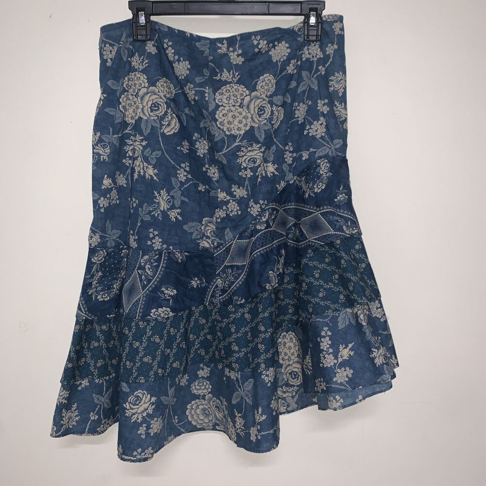 Vtg Ralph Lauren Blue Floral Cottagecore Tiered Cotton Skirt Sz 12 Boho Prairie